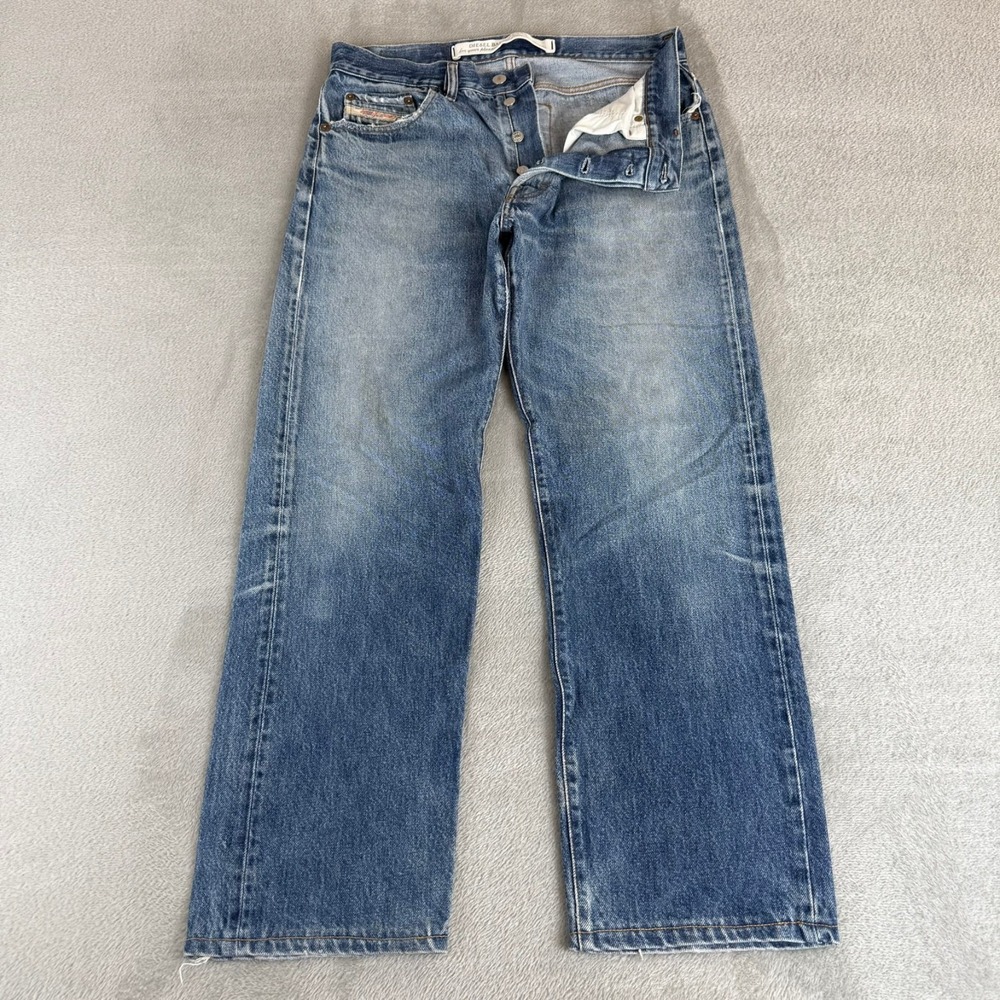 Diesel Keetar Straight Jeans Mens 34x29 Blue Denim Distressed Button Fly Cotton
